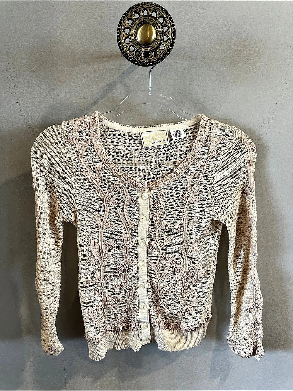 Guinevere Anthropologie Floral Open Knit Cardigan in Beige & Tan Like New